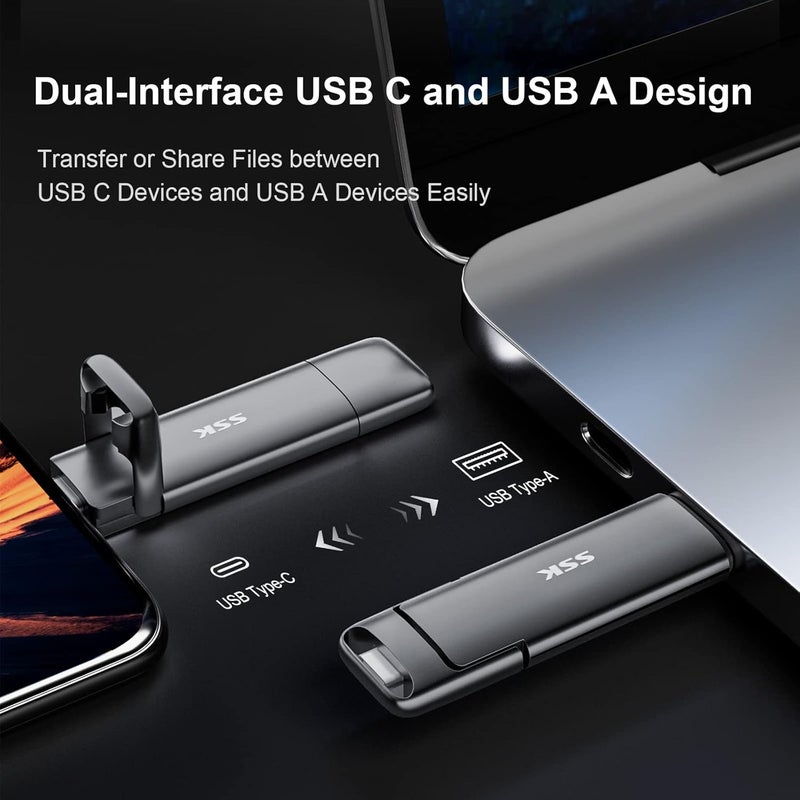 SSK قرص USB سعة 1 تيرابايت، SSD خارجي سريع 550 ميجابايت/ثانية، قرص مزدوج 2 في 1 نوع C + A USB3.2 Gen2، ذاكرة فلاش SSD لهاتف iPhone 15/16/PS4/هاتف Android/تابلت/ويندوز/ماك - Image 3